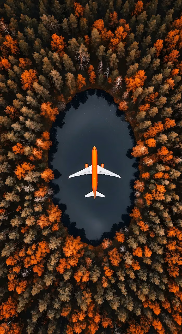 Aerial View of Orange Airplane Over Dark Lake and Autumn Forest - Free Mobile AMOLED Wallpaper Background