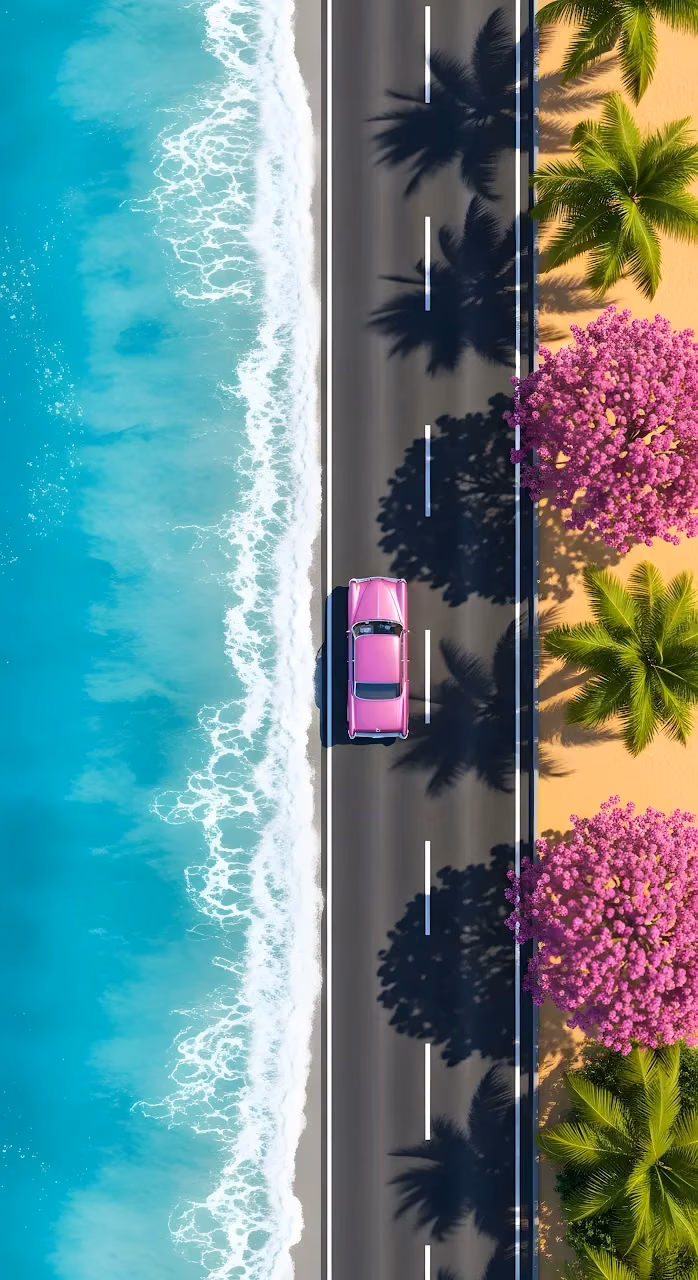 Aerial View Pink Classic Car Coastal Road Turquoise Ocean Tropical - Free Mobile AMOLED Wallpaper Background