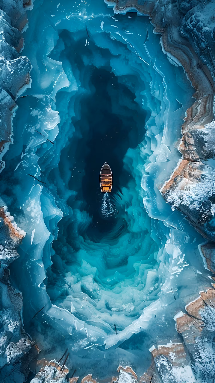 Download Aerial View of Rowboat in Deep Blue Frozen Ice Cave Chasm Wallpaper in Mobile HD Aerial View of Rowboat in Deep Blue Frozen Ice Cave Chasm - Free Mobile AMOLED Wallpaper Background