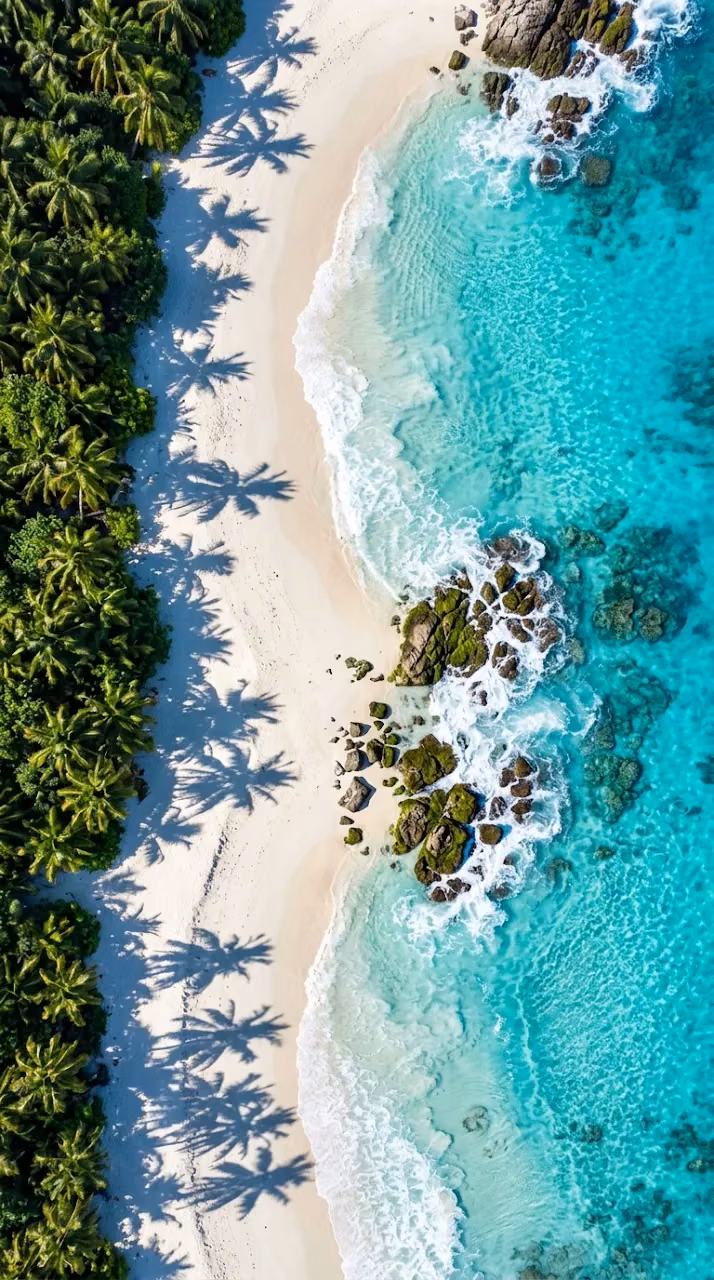 Aerial View of Tropical Beach with Palm Tree Shadows and Rocks - Free Mobile AMOLED Wallpaper Background