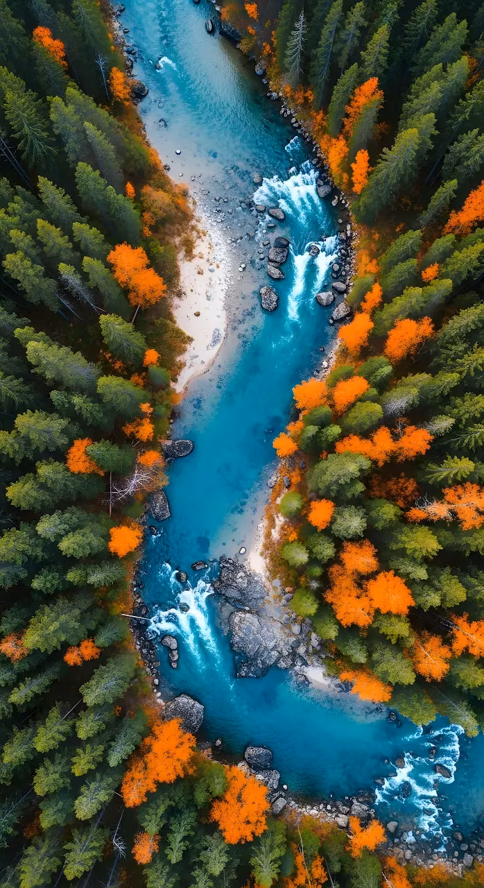 Download Aerial View of Turquoise River Winding Through Autumn Forest Wallpaper in Mobile HD Aerial View of Turquoise River Winding Through Autumn Forest - Free Mobile AMOLED Wallpaper Background