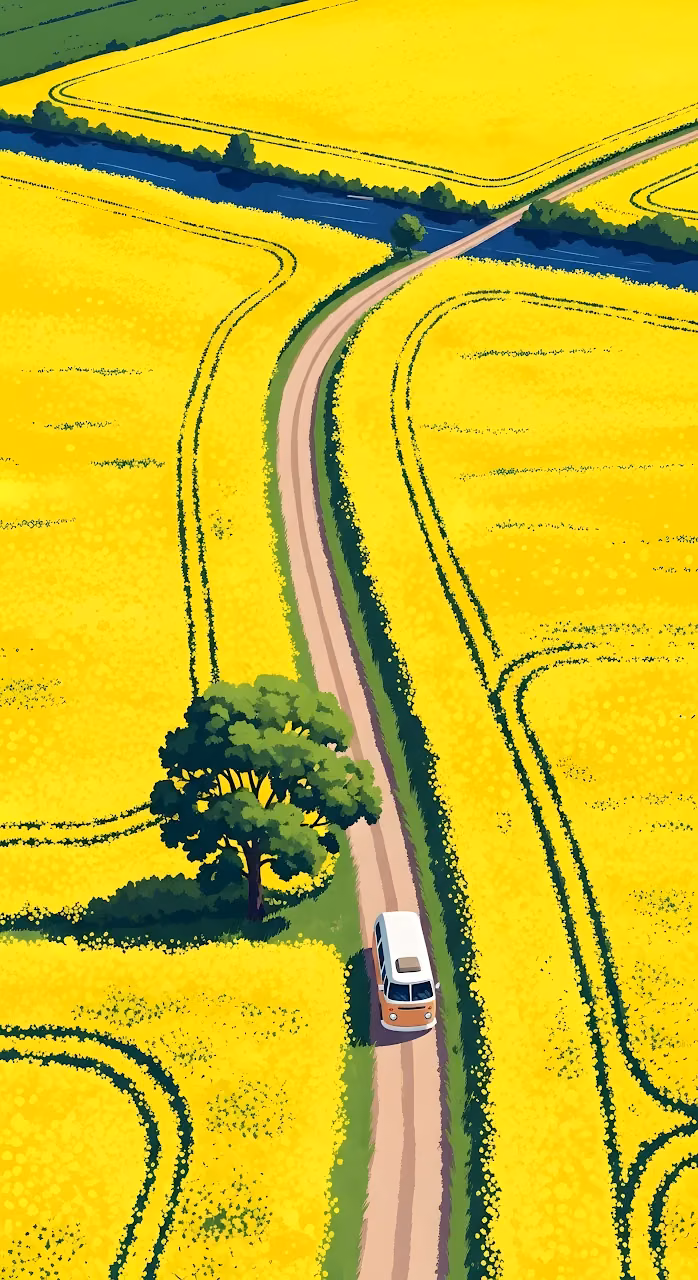 Aerial View Van Driving Through Vibrant Yellow Canola Fields - Free Mobile AMOLED Wallpaper Background