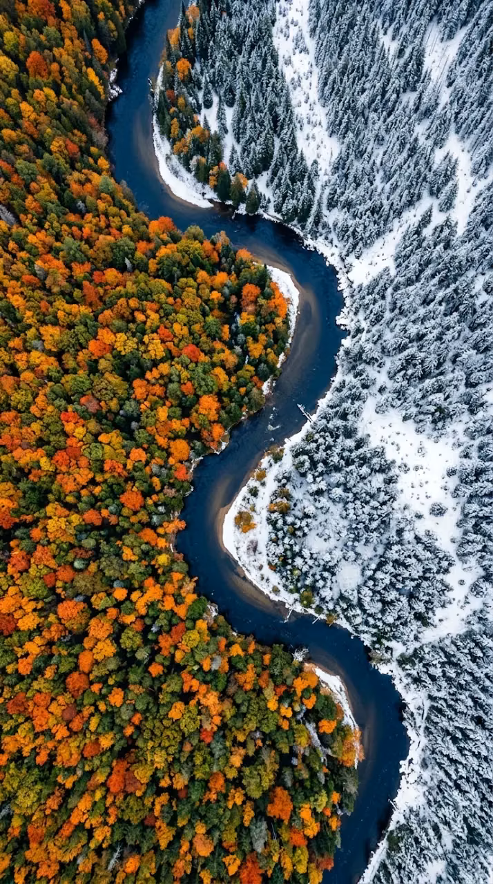 Aerial View of a Winding River Between Autumn and Snow Forests - Free Mobile AMOLED Wallpaper Background