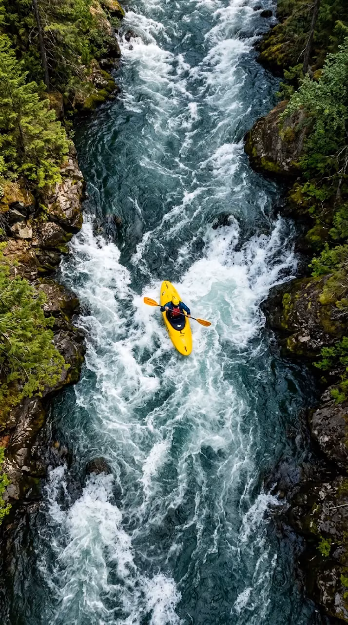 Aerial View of a Yellow Kayak in Rushing Turquoise Water - Free Mobile AMOLED Wallpaper Background