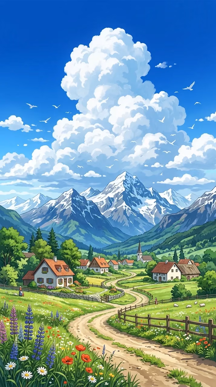 Aesthetic Anime Alpine Village under Snowy Mountain Peak Wallpaper - Free Mobile AMOLED Wallpaper Background
