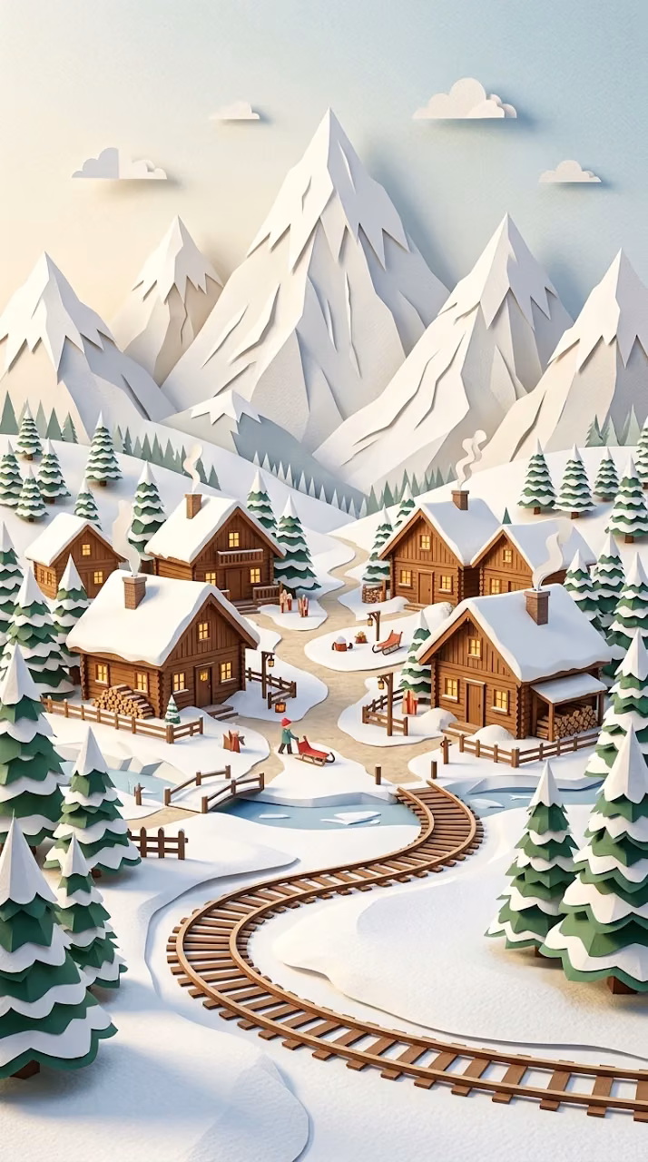 Aesthetic Papercraft Snowy Mountain Village Background - Free Mobile AMOLED Wallpaper Background