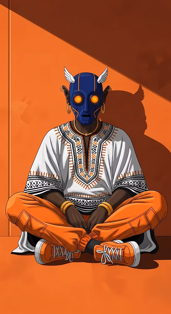 Afrofuturist Figure in Dashiki and Blue Mask - Free Mobile AMOLED Wallpaper Background
