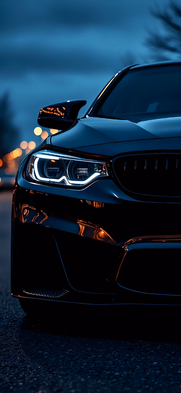 Aggressive Black Luxury Sports Car Headlight Close Up at Dusk - Free Mobile AMOLED Wallpaper Background