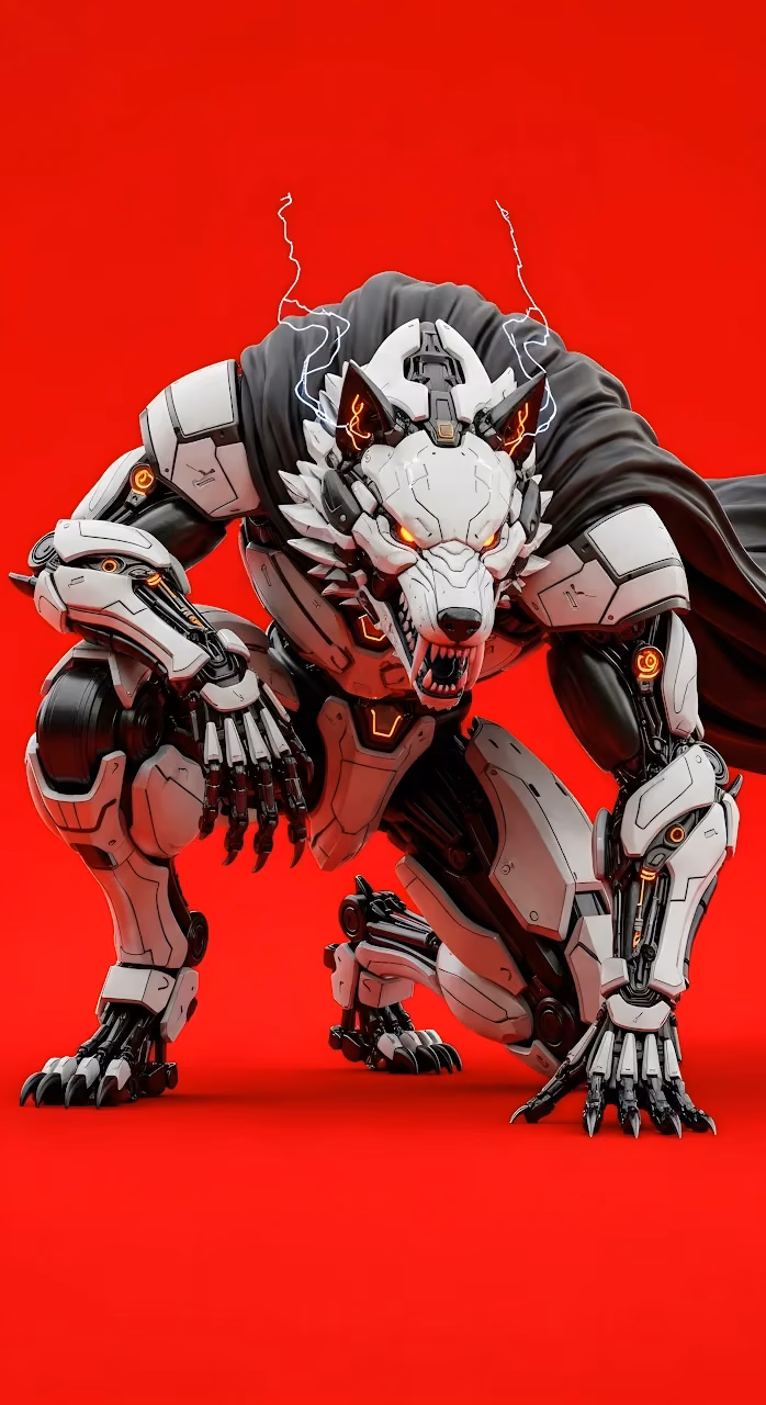 Aggressive White Mecha Werewolf on Solid Red Background - Free Mobile AMOLED Wallpaper Background