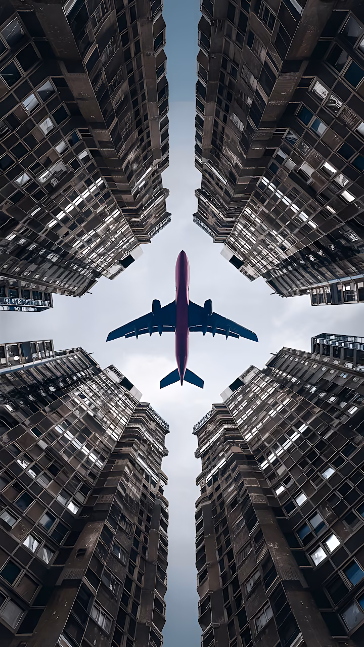 Airplane Flying Between Towering Skyscrapers from Below - Free Mobile AMOLED Wallpaper Background