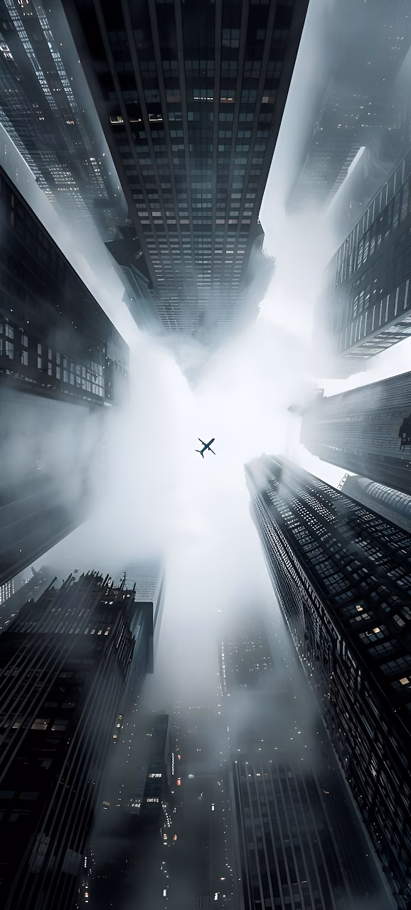 Download Airplane Flying Through Mist Between Towering Skyscrapers Wallpaper in Mobile HD Airplane Flying Through Mist Between Towering Skyscrapers - Free Mobile AMOLED Wallpaper Background