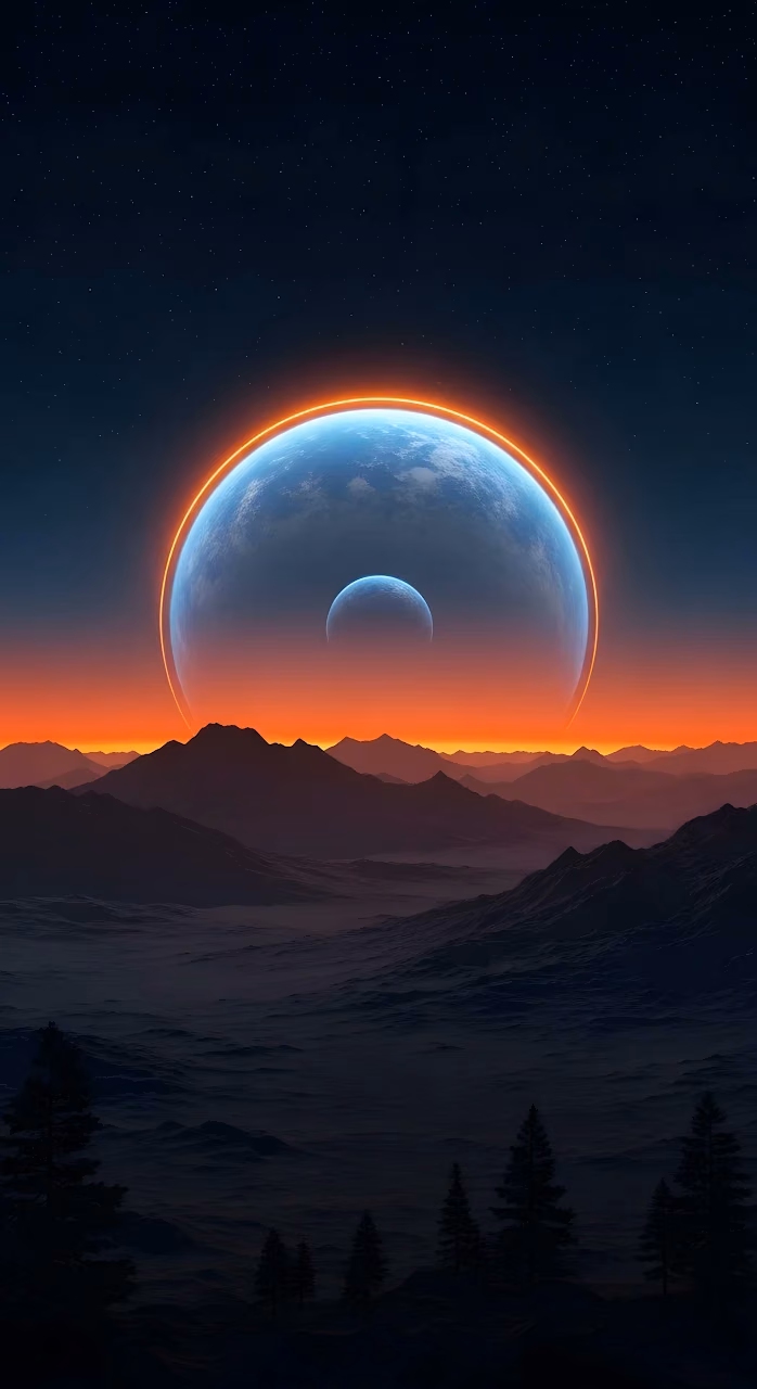 Alien Planetscape with Ringed Earth-like World - Free Mobile AMOLED Wallpaper Background