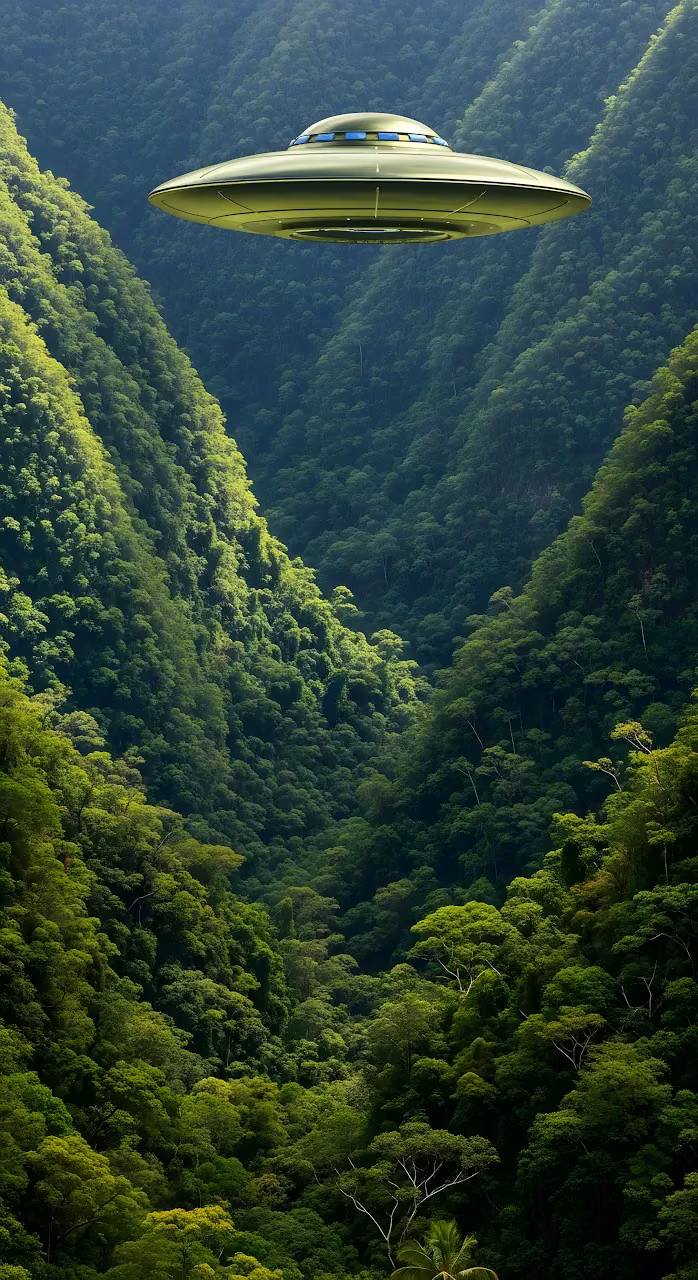 Alien Saucer Hovering Above Deep Tropical Jungle Valley - Free Mobile AMOLED Wallpaper Background