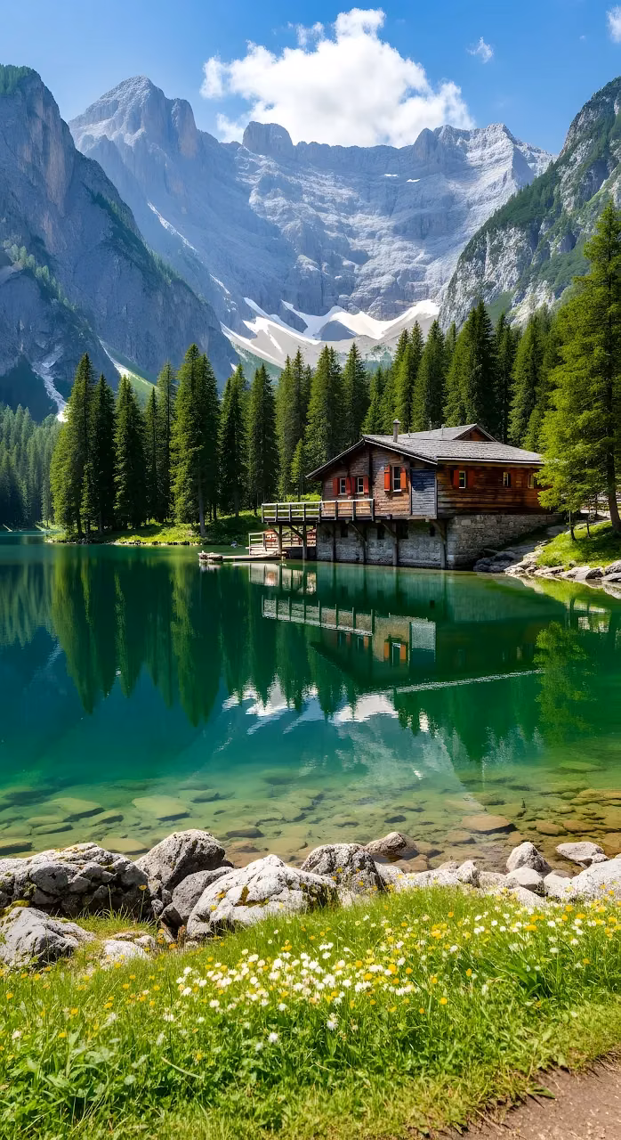 Alpine Boathouse on Turquoise Lake Dolomites Landscape - Free Mobile AMOLED Wallpaper Background