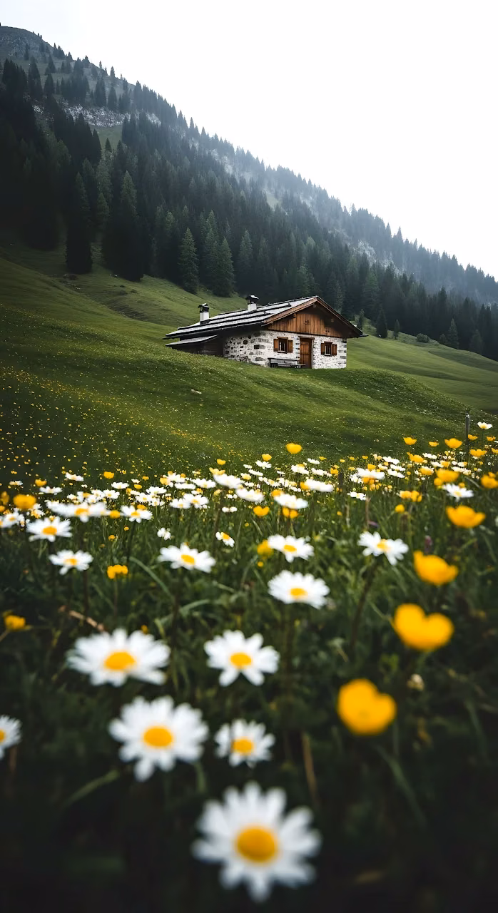 Alpine Cabin on Grassy Slope with Daisy Field Foreground - Free Mobile AMOLED Wallpaper Background