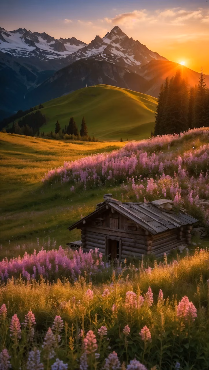 Alpine Cabin at Sunset Amidst Purple Wildflowers - Free Mobile AMOLED Wallpaper Background