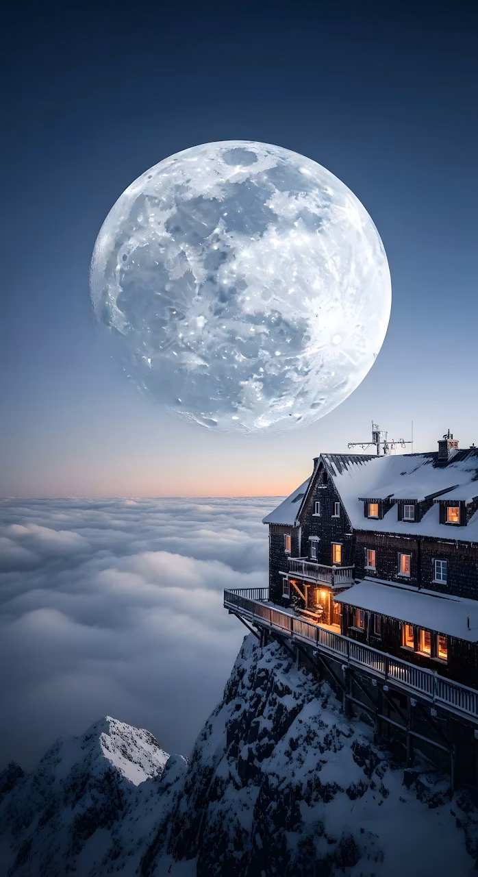 Alpine Hut Above Clouds Under a Gigantic Full Moon - Free Mobile AMOLED Wallpaper Background