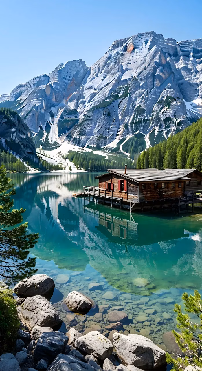 Alpine Lake Cabin with Snowy Mountain Reflection - Free Mobile AMOLED Wallpaper Background