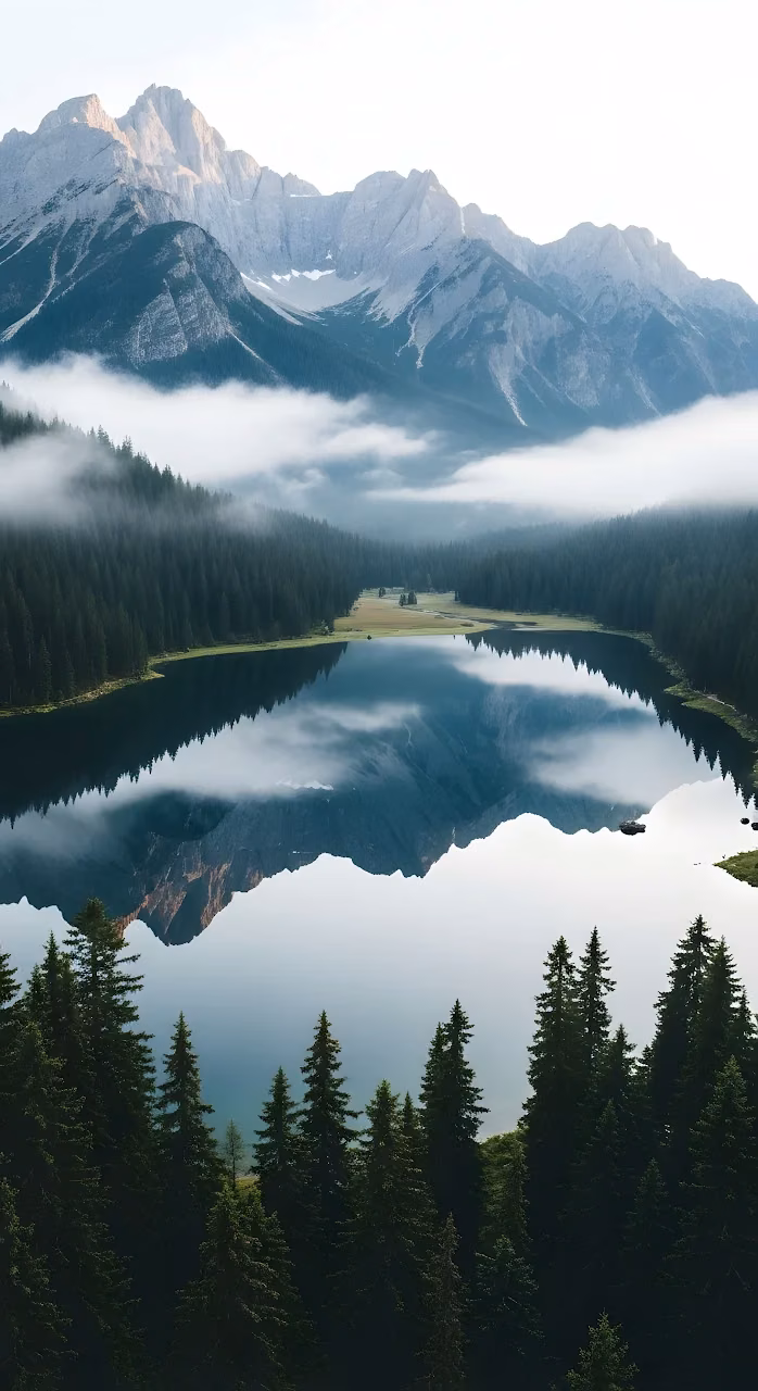 Alpine Lake Reflection Rugged Mountain Peaks Fog - Free Mobile AMOLED Wallpaper Background