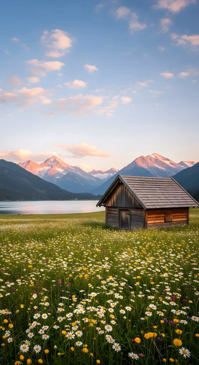 Alpine Meadow Cabin Sunset View Mountain Landscape Scenery - Free Mobile AMOLED Wallpaper Background
