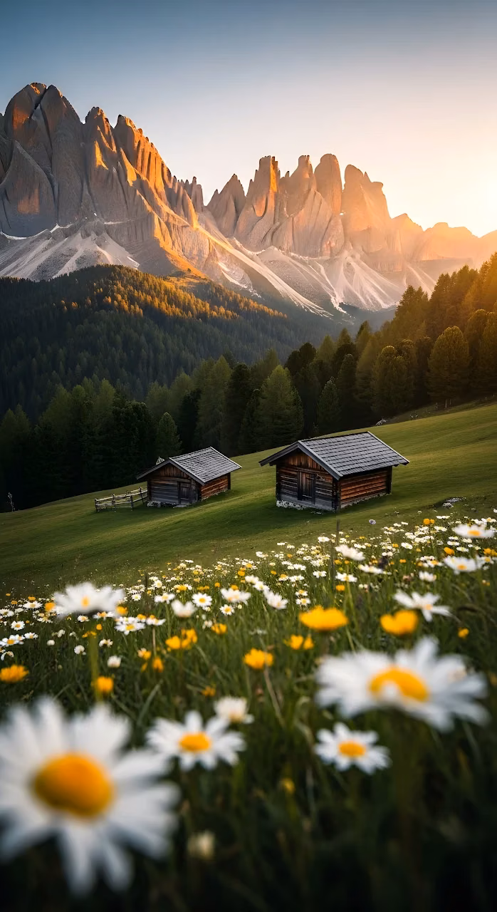Alpine Meadow Huts Under Sunlit Dolomite Peaks - Free Mobile AMOLED Wallpaper Background