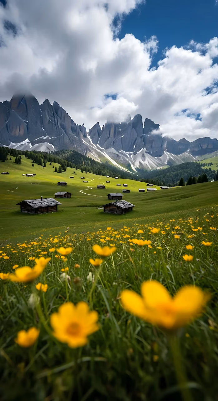 Alpine Meadow Valley with Wooden Huts and Dolomite Peaks - Free Mobile AMOLED Wallpaper Background