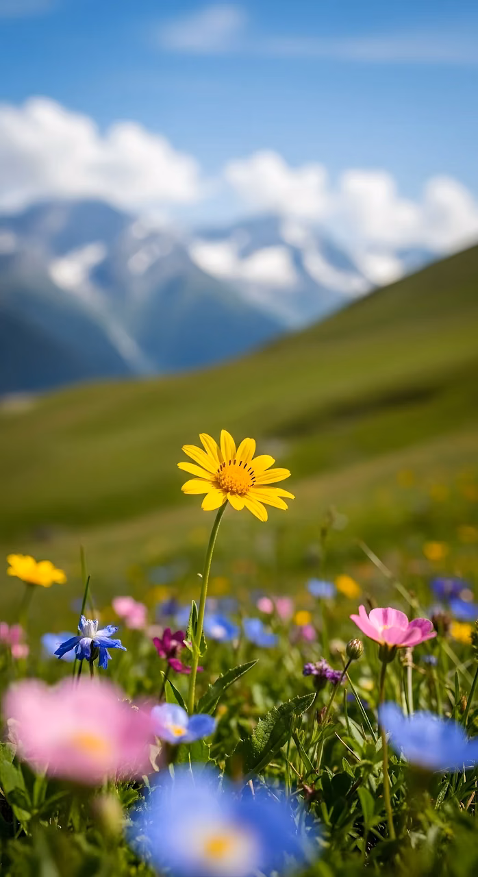 Download Alpine Meadow Wildflowers with Snowy Mountain View Wallpaper in Mobile HD Alpine Meadow Wildflowers with Snowy Mountain View - Free Mobile AMOLED Wallpaper Background