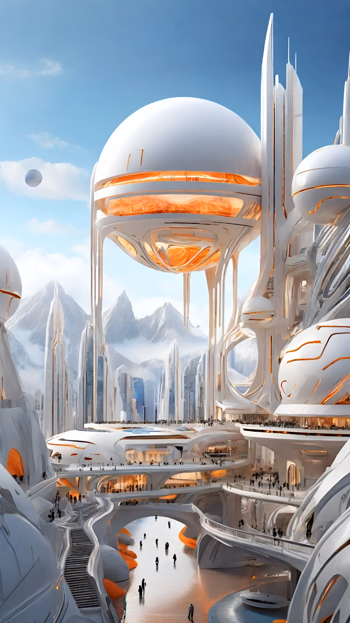 Alpine Utopia Futuristic City Architecture White Orange Glow - Free Mobile AMOLED Wallpaper Background