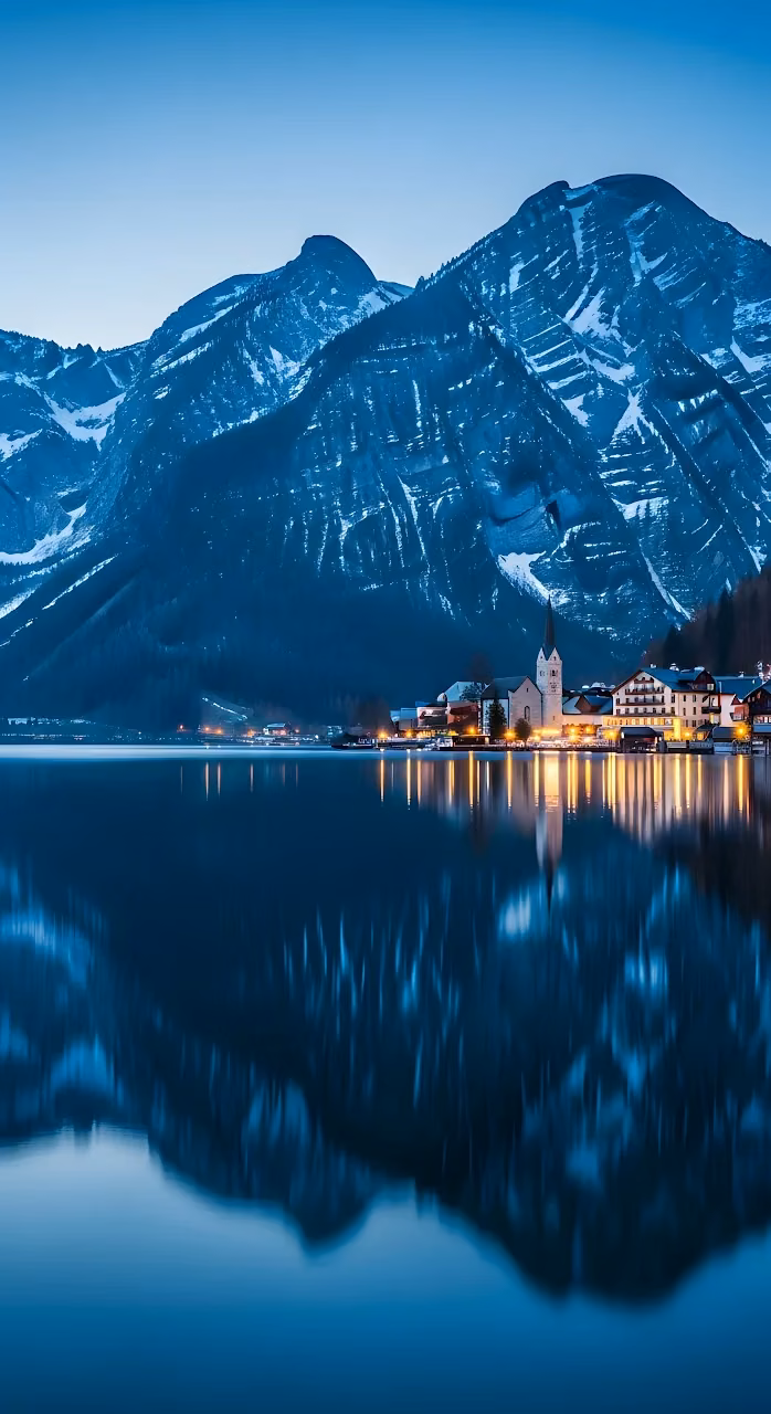 Alpine Village Reflection at Twilight on Mountain Lake - Free Mobile AMOLED Wallpaper Background