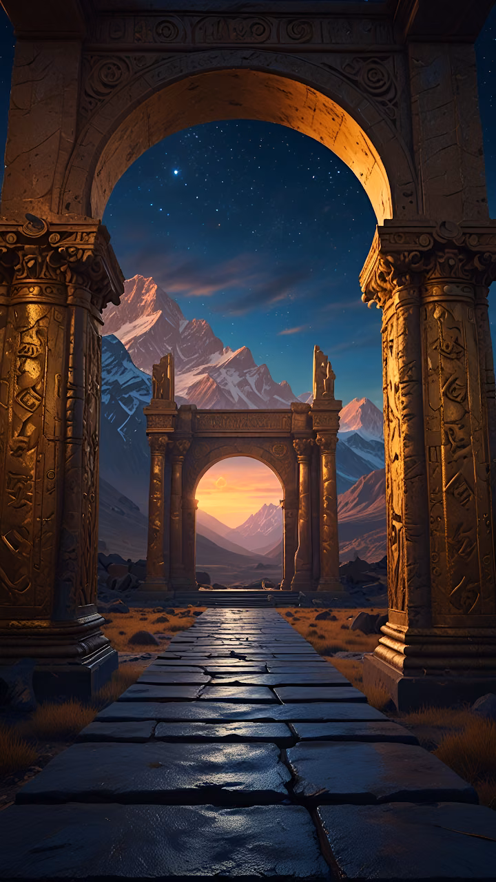 Ancient Archway Leading to Mountain Sunset - Free Mobile AMOLED Wallpaper Background