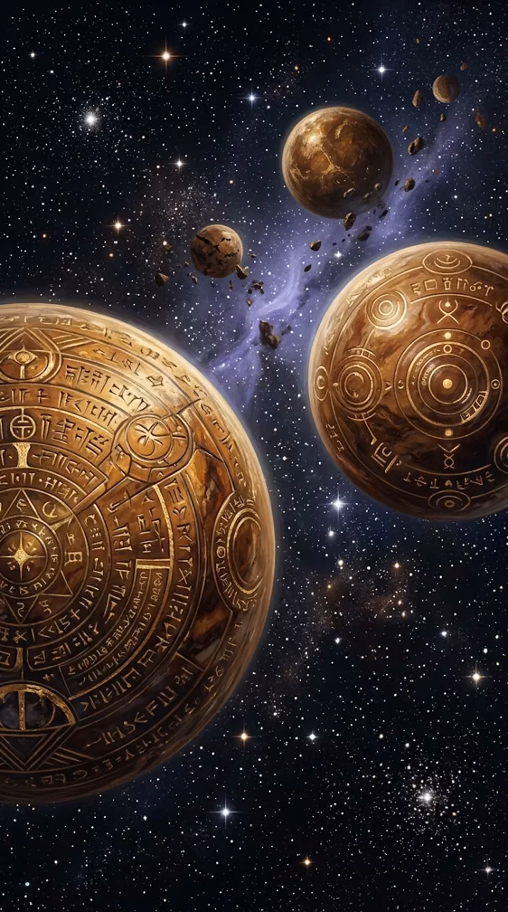 Download Ancient Cosmic Scene with Marble Planets and Etched Symbols Wallpaper in Mobile HD Ancient Cosmic Scene with Marble Planets and Etched Symbols - Free Mobile AMOLED Wallpaper Background