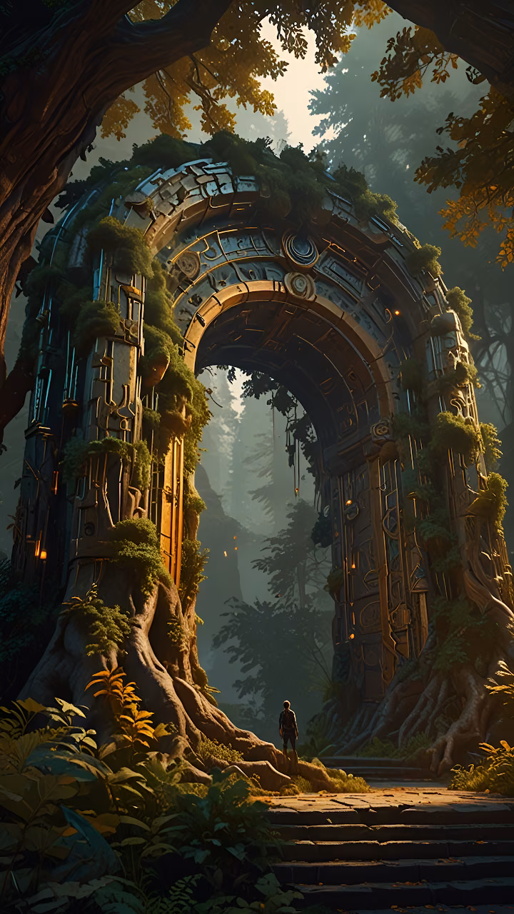Download Ancient Forest Gateway Ruins Steampunk Fantasy Arch Wallpaper in Mobile HD Ancient Forest Gateway Ruins Steampunk Fantasy Arch - Free Mobile AMOLED Wallpaper Background