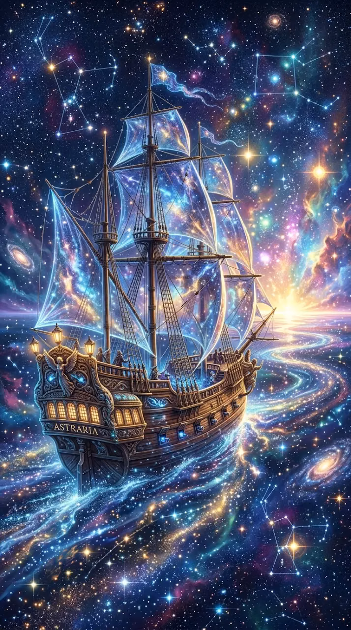 Ancient Galleon Sailing through a Celestial Ocean of Stars - Free Mobile AMOLED Wallpaper Background