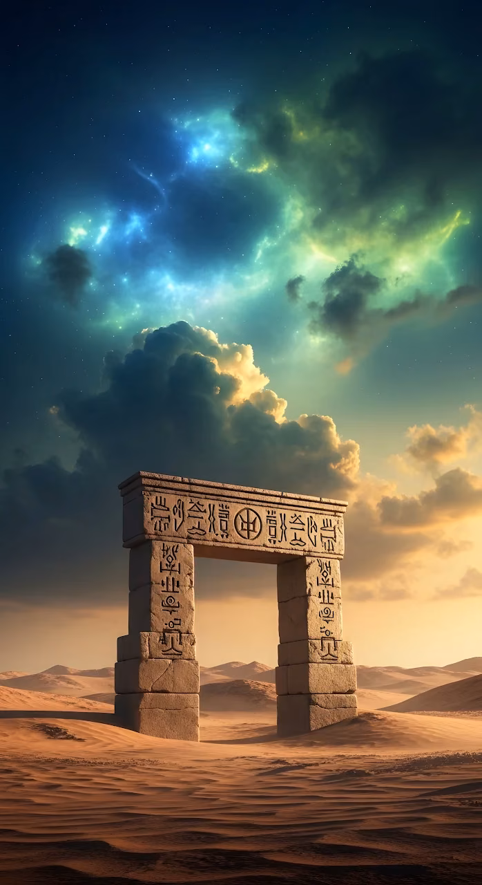 Download Ancient Hieroglyphic Archway in Desert under Cosmic Nebula Wallpaper in Mobile HD Ancient Hieroglyphic Archway in Desert under Cosmic Nebula - Free Mobile AMOLED Wallpaper Background