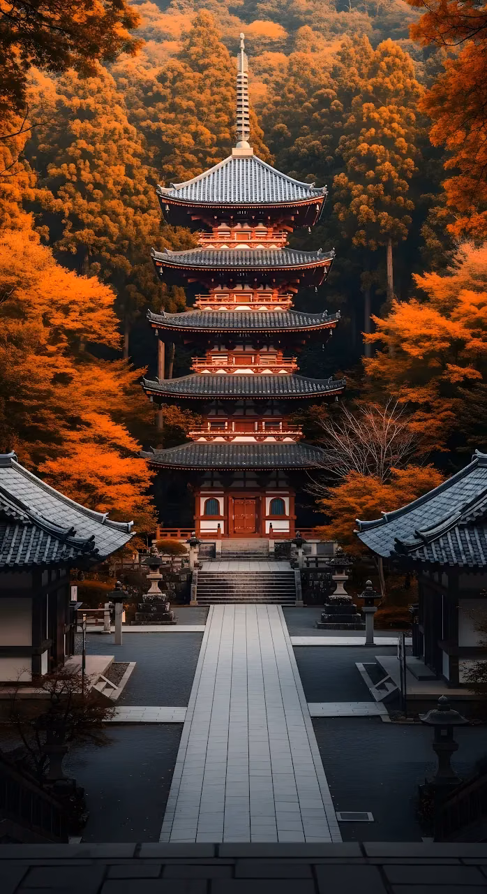 Download Ancient Japanese Pagoda Amidst Vibrant Autumn Foliage Wallpaper in Mobile HD Ancient Japanese Pagoda Amidst Vibrant Autumn Foliage - Free Mobile AMOLED Wallpaper Background