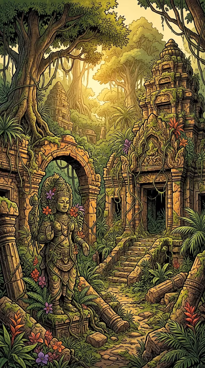 Ancient Jungle Ruins with Overgrown Stone Statues and Vines - Free Mobile AMOLED Wallpaper Background