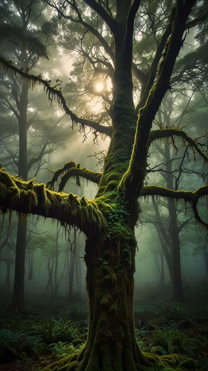 Ancient Moss-Covered Tree in Misty Sunlit Forest - Free Mobile AMOLED Wallpaper Background
