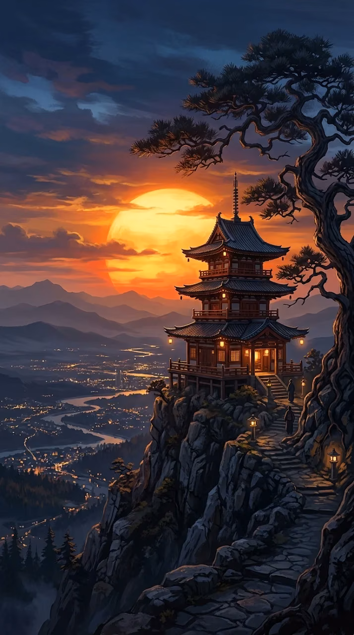 Download Ancient Pagoda on a Cliffside Overlooking a Sunset City Wallpaper in Mobile HD Ancient Pagoda on a Cliffside Overlooking a Sunset City - Free Mobile AMOLED Wallpaper Background