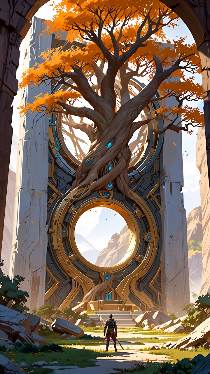 Ancient Portal Gate Autumn Tree Fantasy Scene - Free Mobile AMOLED Wallpaper Background