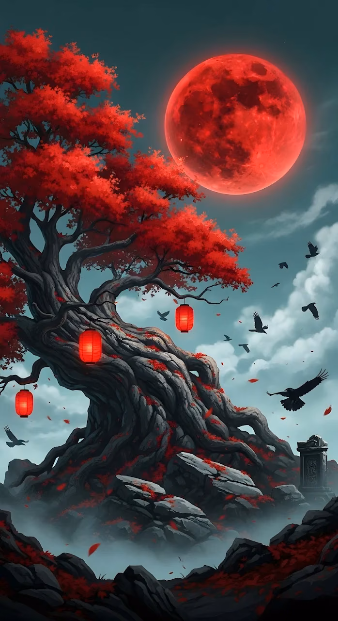 Ancient Red Maple Tree Under Giant Blood Moon - Free Mobile AMOLED Wallpaper Background