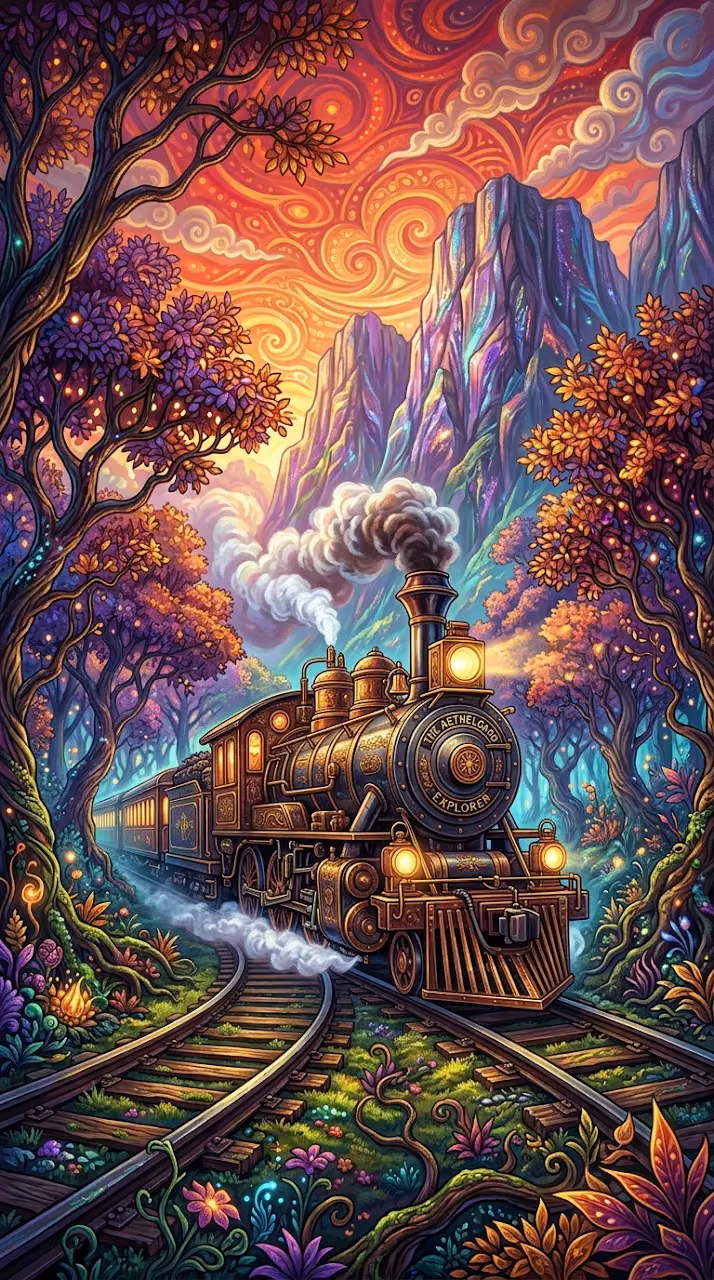 Ancient Steam Locomotive in a Lush Fantastical Forest with Purple Leaves - Free Mobile AMOLED Wallpaper Background