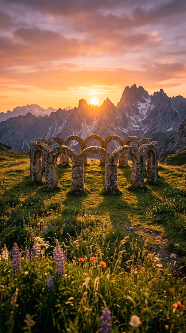 Download Ancient Stone Arches in Tranquil Mountain Meadow at Sunset Wallpaper in Mobile HD Ancient Stone Arches in Tranquil Mountain Meadow at Sunset - Free Mobile AMOLED Wallpaper Background