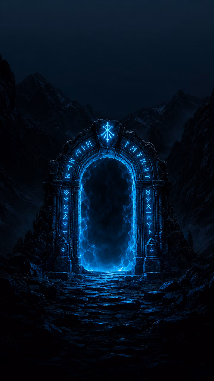 Ancient Stone Archway with Glowing Blue Runes Wallpaper - Free Mobile AMOLED Wallpaper Background