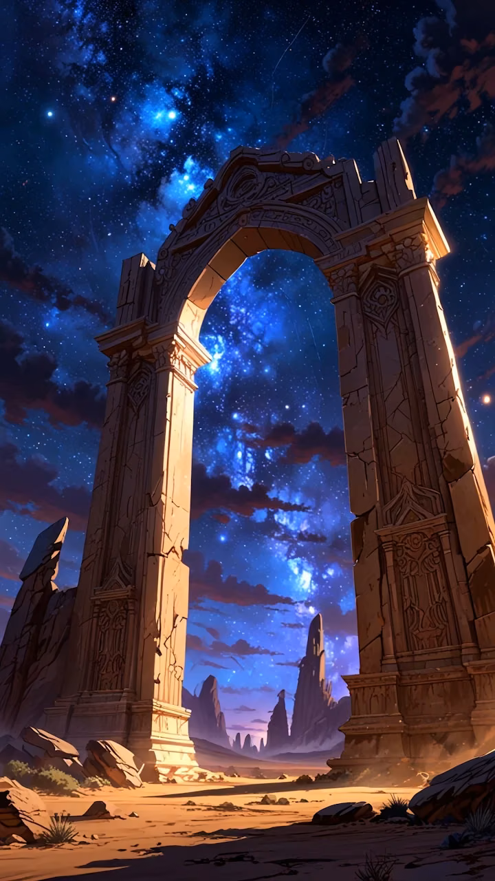 Ancient Stone Archway Under Starry Night Sky - Free Mobile AMOLED Wallpaper Background