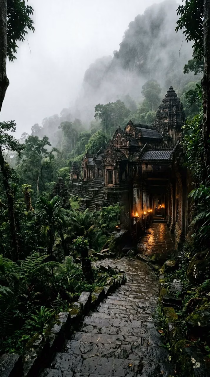 Ancient Stone Hindu Temple Shrouded in Misty Forest and Fog - Free Mobile AMOLED Wallpaper Background