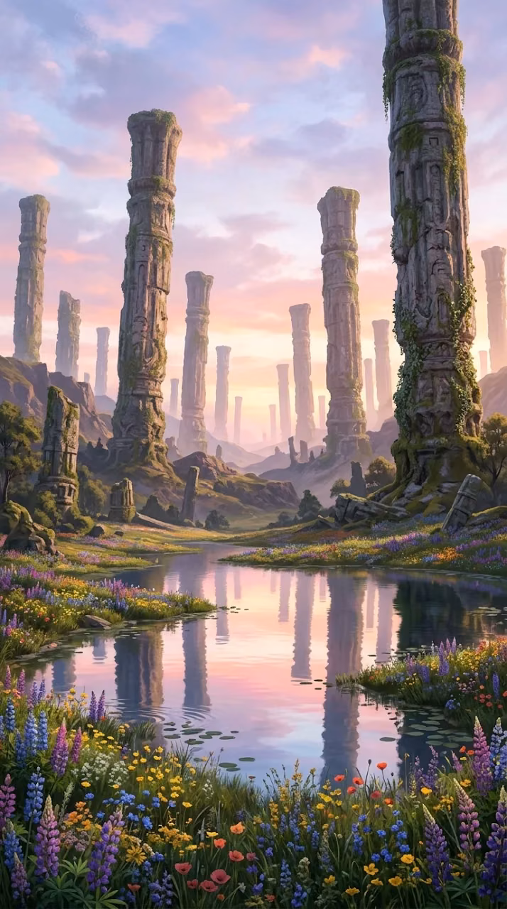 Ancient Stone Pillars Overlooking a Wildflower Lake at Dawn - Free Mobile AMOLED Wallpaper Background