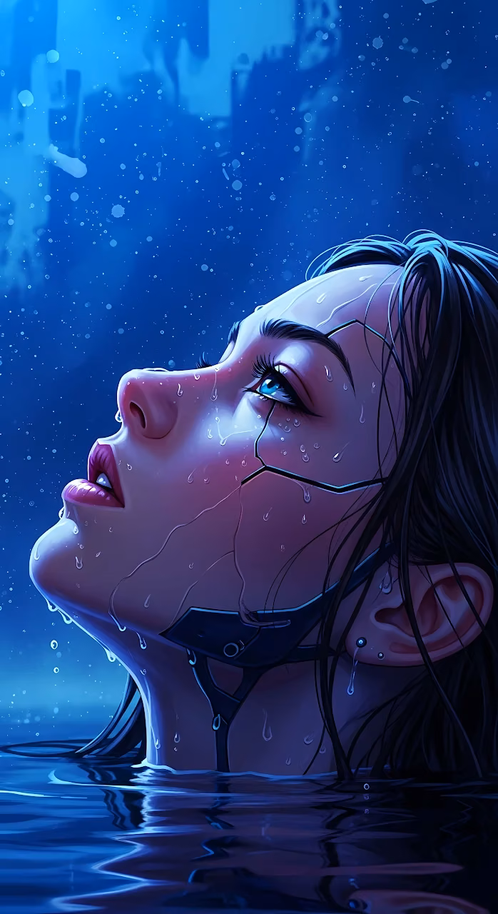 Android Woman Emerging from Water in Neon Rain - Free Mobile AMOLED Wallpaper Background