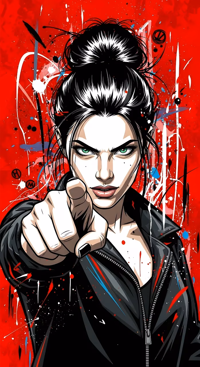 Angry Woman in Leather Jacket Pointing Graffiti Style - Free Mobile AMOLED Wallpaper Background