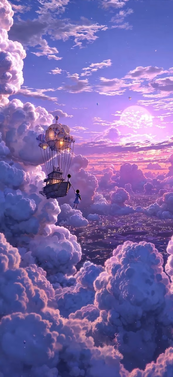 Anime Airship Journey Through Purple Pink Cloudscape - Free 4K Desktop Wallpaper Background
