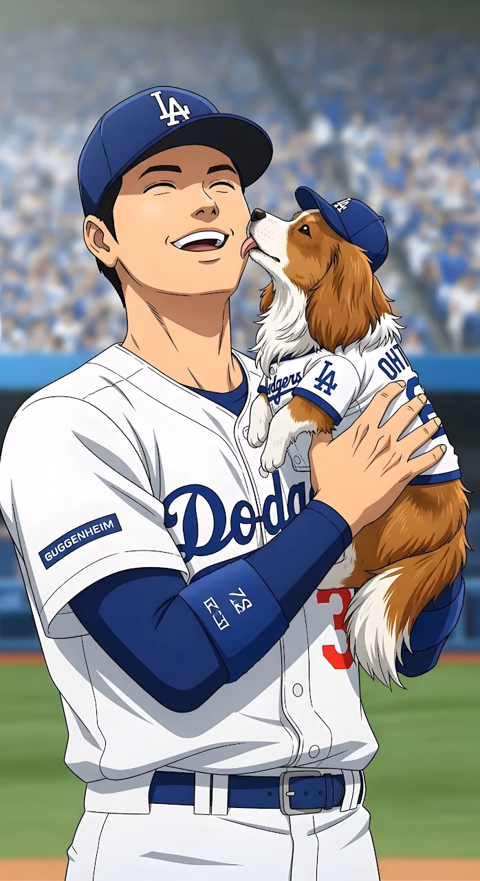 Anime Baseball Player Cuddling Dog in Dodgers Uniform Art - Free Mobile AMOLED Wallpaper Background